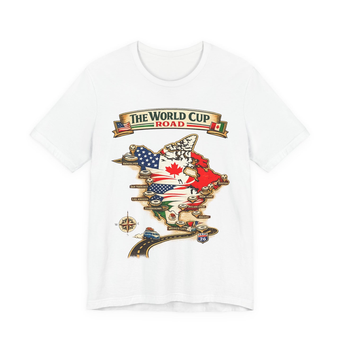 "The World Cup Road" 2026 North America Map Host Cities (Unisex T-Shirt)🚗⚽🗺️