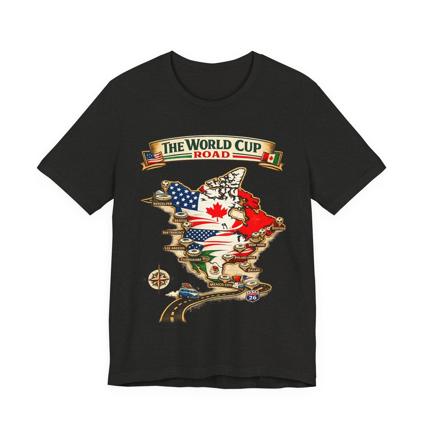 "The World Cup Road" 2026 North America Map Host Cities (Unisex T-Shirt)🚗⚽🗺️