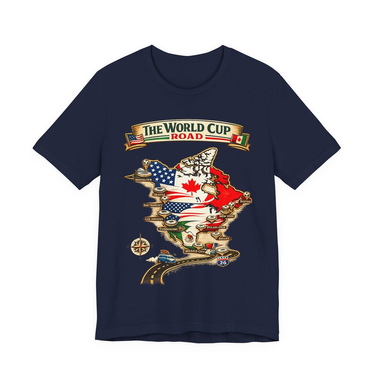 "The World Cup Road" 2026 North America Map Host Cities (Unisex T-Shirt)🚗⚽🗺️