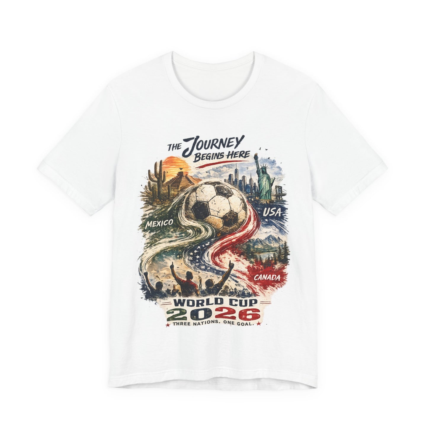 The Journey Begins Here" World Cup 2026 Three Nations Journey (Unisex T-Shirt)⚽🇲🇽🇺🇸🇨🇦