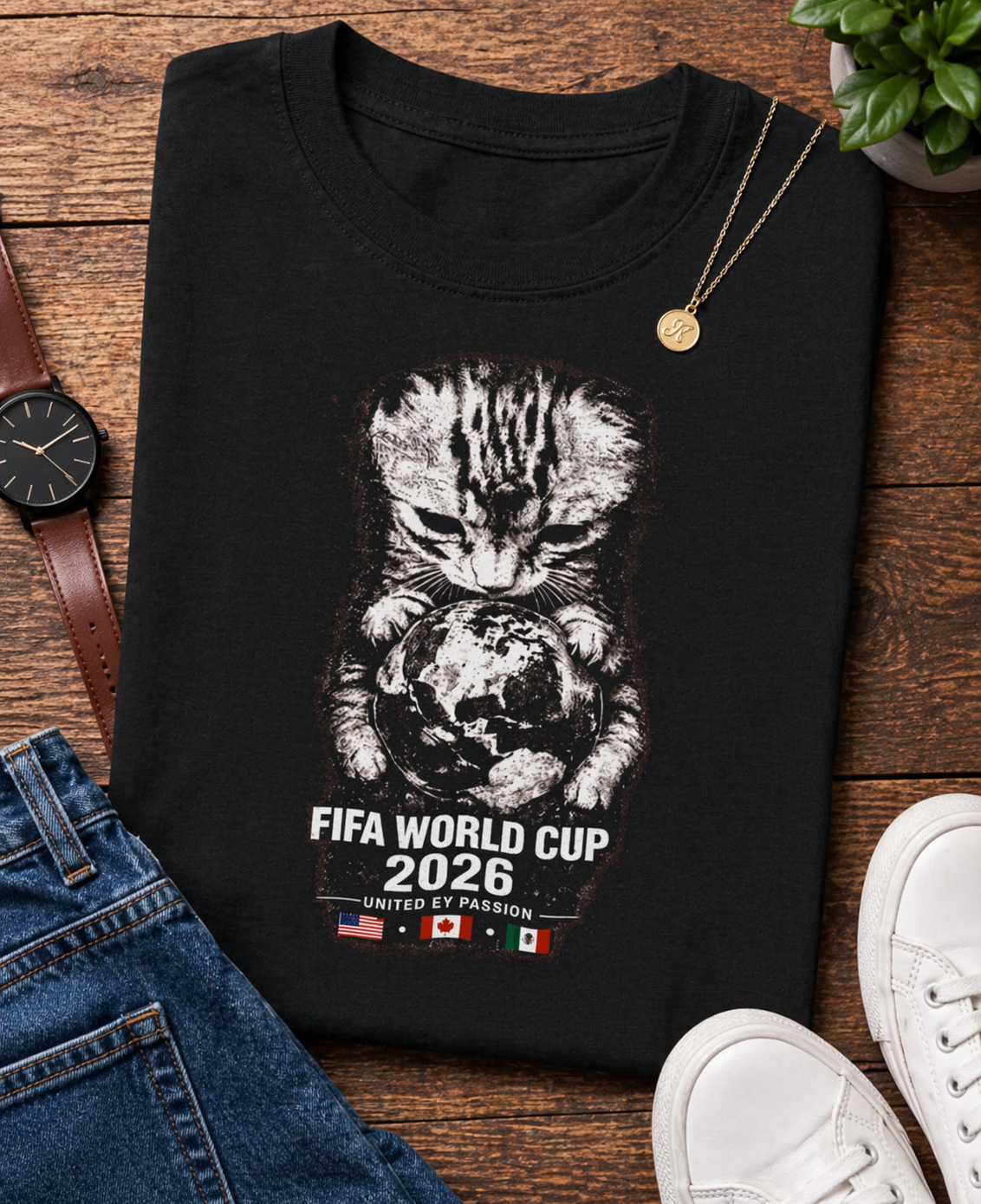 "United By Passion" FIFA World Cup 2026 Cat Holding Globe (Unisex T-Shirt)🐱🌍⚽