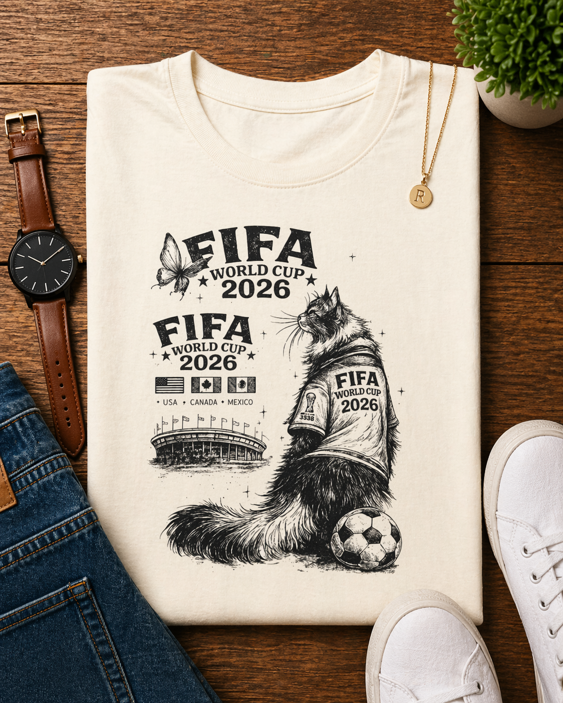 FIFA World Cup 2026 Cat Beer Butterfly Stadium Sketch (Unisex T-Shirt)🐱🦋⚽