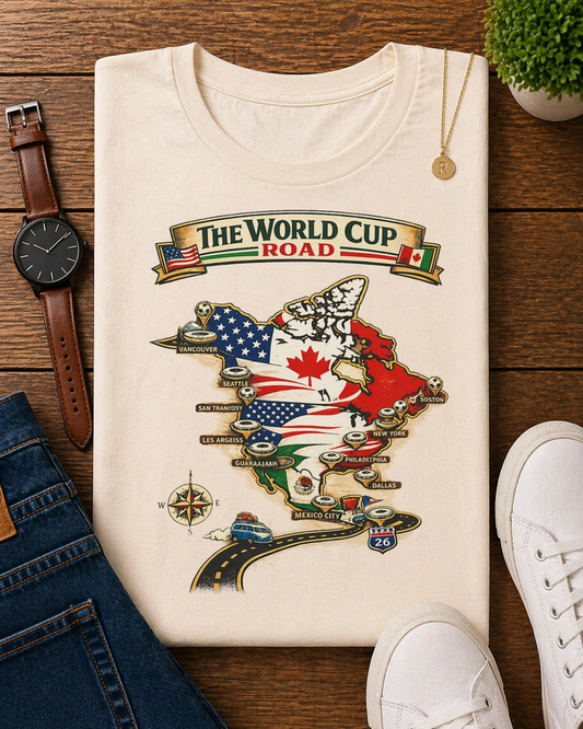"The World Cup Road" 2026 North America Map Host Cities (Unisex T-Shirt)🚗⚽🗺️