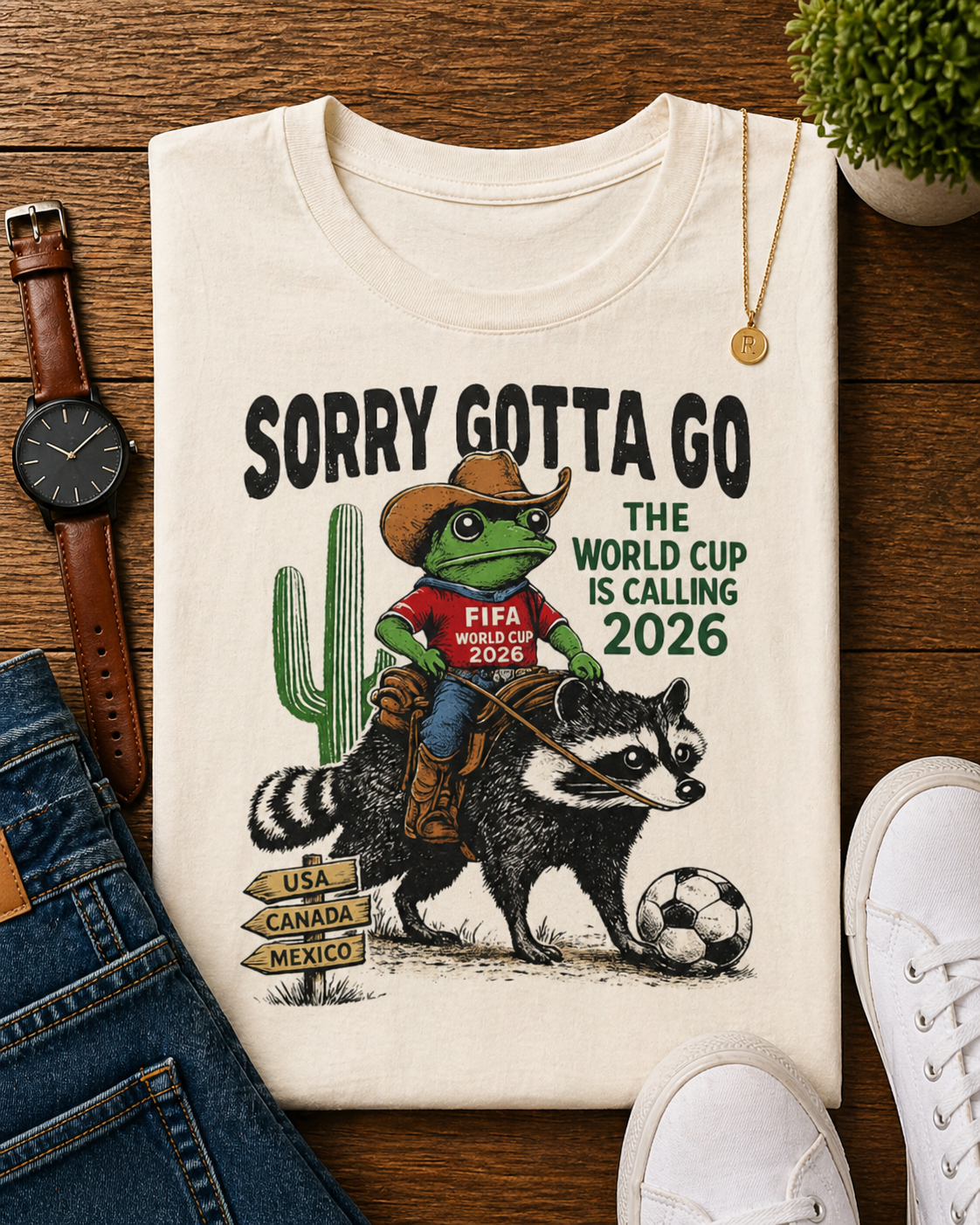 Sorry Gotta Go The World Cup Is Calling 2026" Frog Riding Raccoon( Unisex T-Shirt)🐸🦝⚽🤠