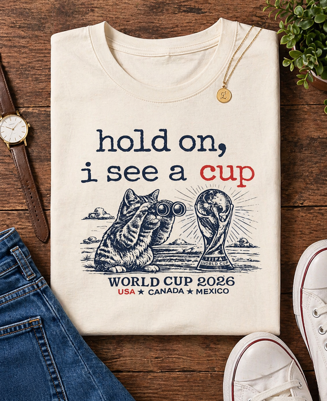"Hold On I See A Cup" World Cup 2026 Cat Binoculars (Unisex T-Shirt)🐱🔭🏆