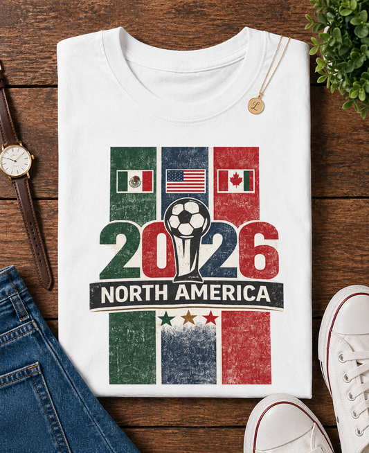 "2026 North America" World Cup Three Flags United  (Unisex T-Shirt)⚽🇲🇽🇺🇸🇨🇦