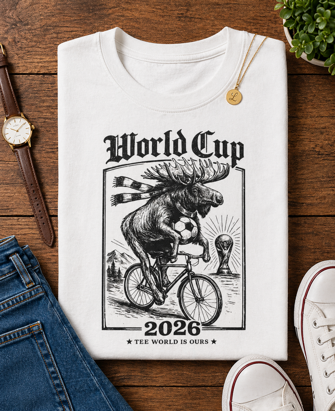 World Cup 2026 Moose on Bicycle "The World Is Ours" Canada (Unisex T-Shirt)🍁🦌⚽