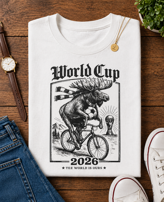 World Cup 2026 Moose on Bicycle "The World Is Ours" Canada (Unisex T-Shirt)🍁🦌⚽