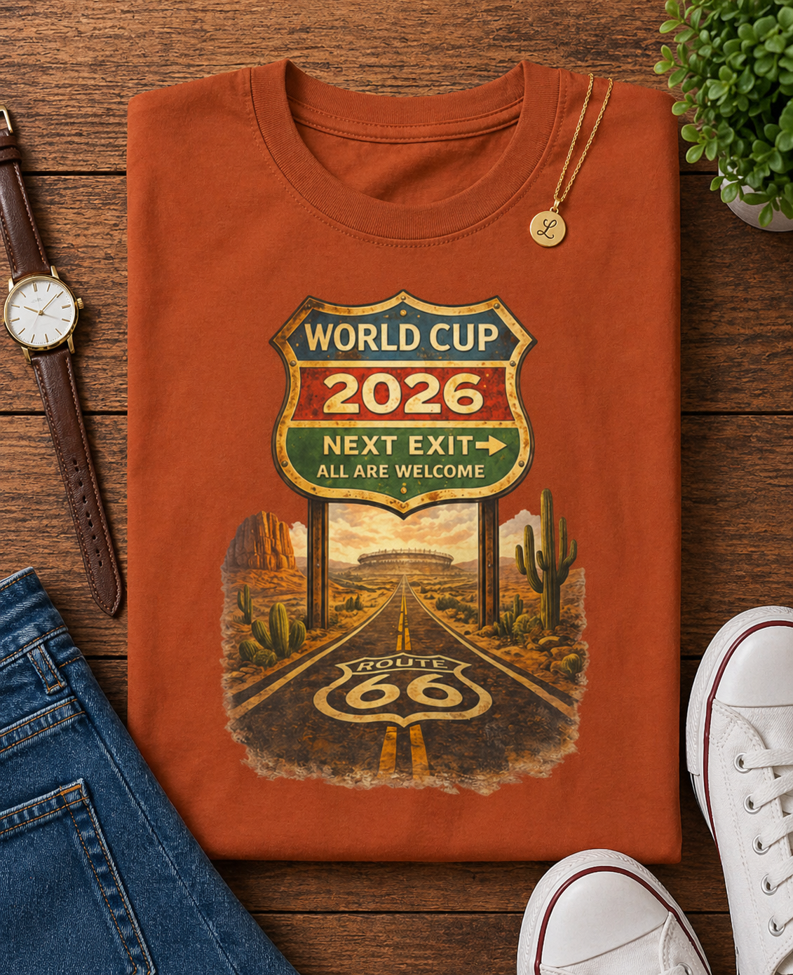 World Cup 2026 Route 66 "Next Exit All Are Welcome" Road Sign (Unisex T-Shirt)🛣️⚽🌵