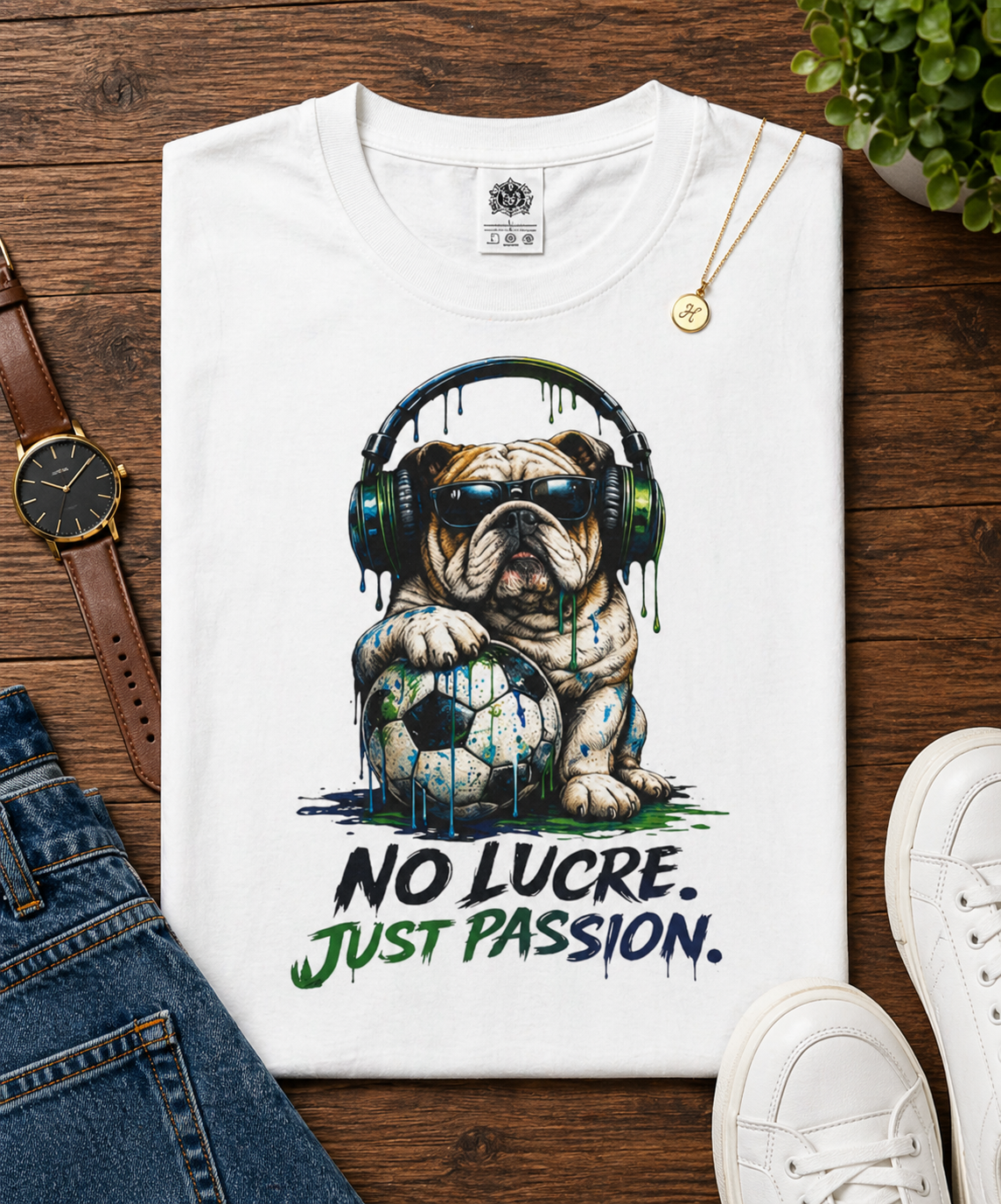 No Lucre. Just Passion." Football Soccer Bulldog Graphic( Unisex  T-Shirt)🐶⚽🎧💚