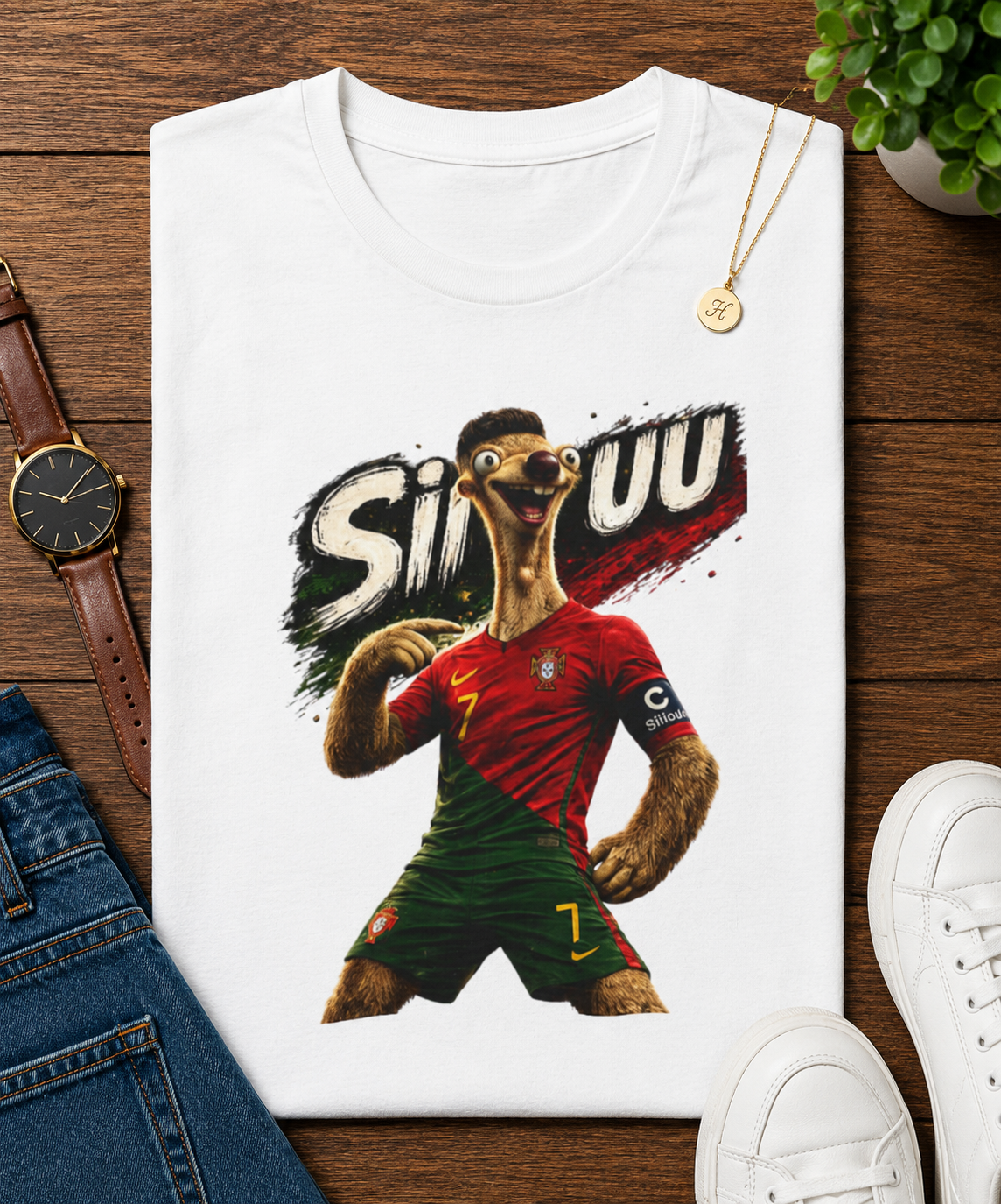 "Siuuu!" Funny Football Parody Sloth #7 Portugal Kit Graphic (Unisex T-Shirt)🦥🇵🇹⚽😂