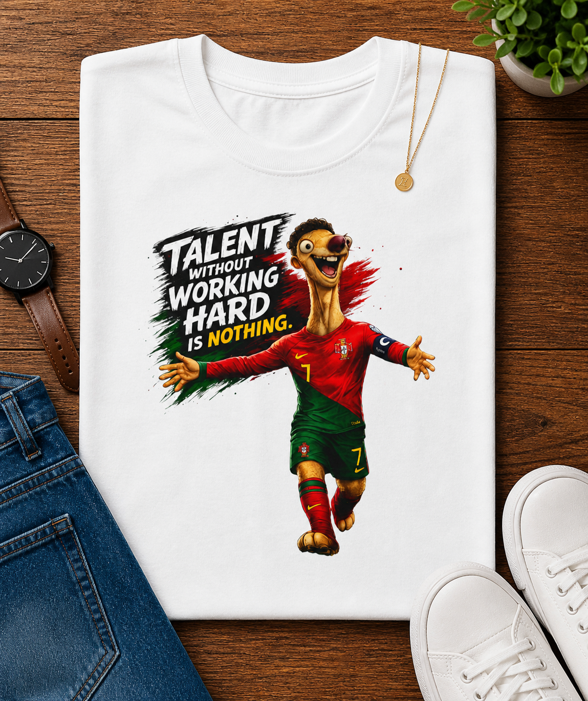 "Talent Without Working Hard Is Nothing" Funny Football Parody #7 Portugal Kit Graphic (Unisex T-Shirt) 🦥🇵🇹⚽💪😂
