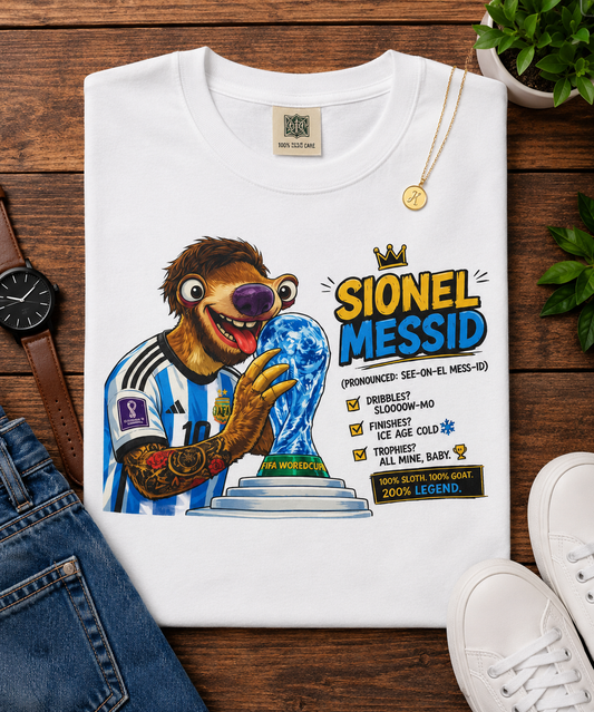 "Sionel Messid — 100% Sloth. 100% GOAT. 200% Legend." (Unisex T-Shirt) 🦥🇦🇷⚽🏆👑😂