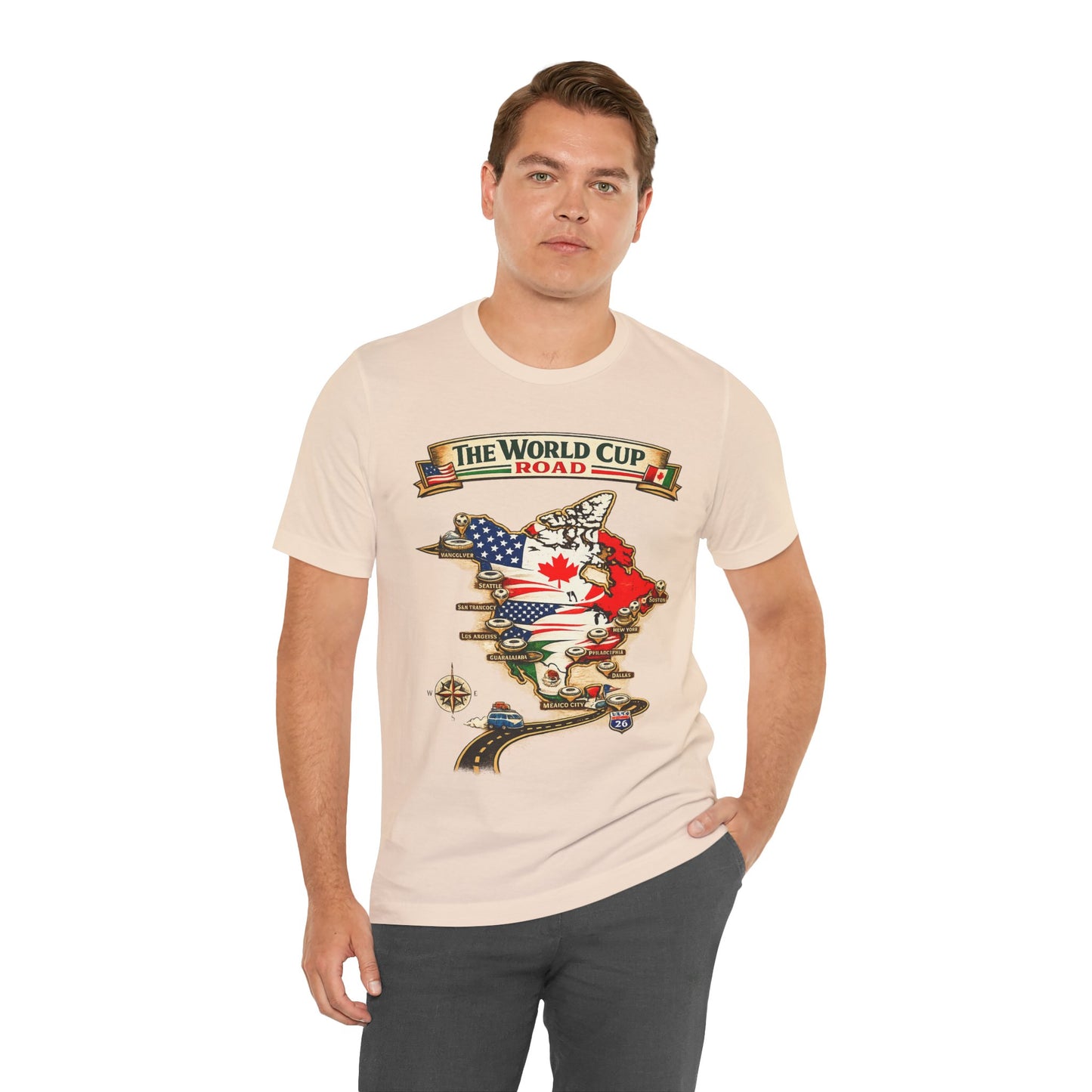 "The World Cup Road" 2026 North America Map Host Cities (Unisex T-Shirt)🚗⚽🗺️