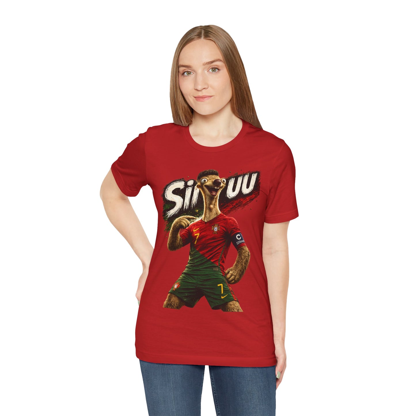 "Siuuu!" Funny Football Parody Sloth #7 Portugal Kit Graphic (Unisex T-Shirt)🦥🇵🇹⚽😂