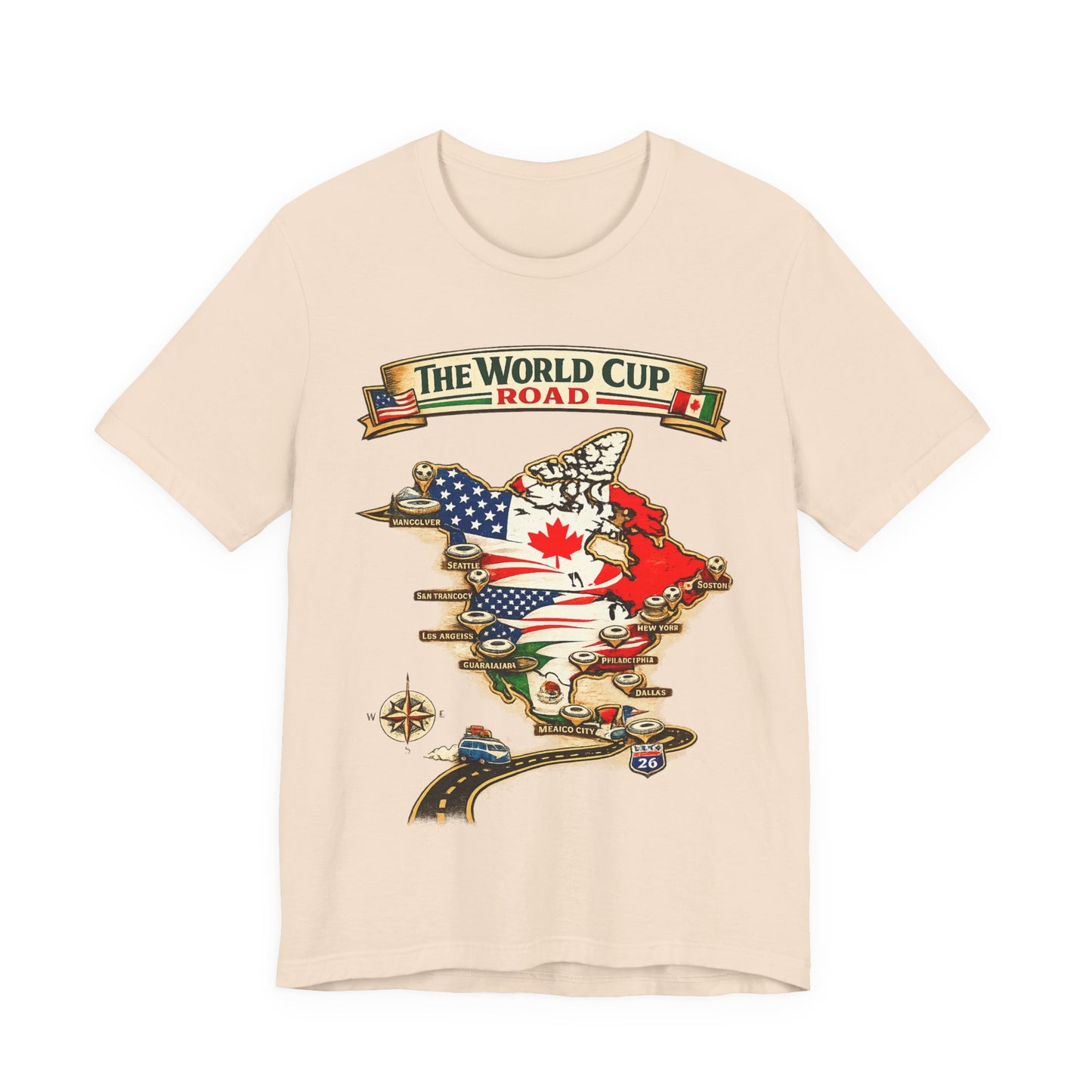 "The World Cup Road" 2026 North America Map Host Cities (Unisex T-Shirt)🚗⚽🗺️