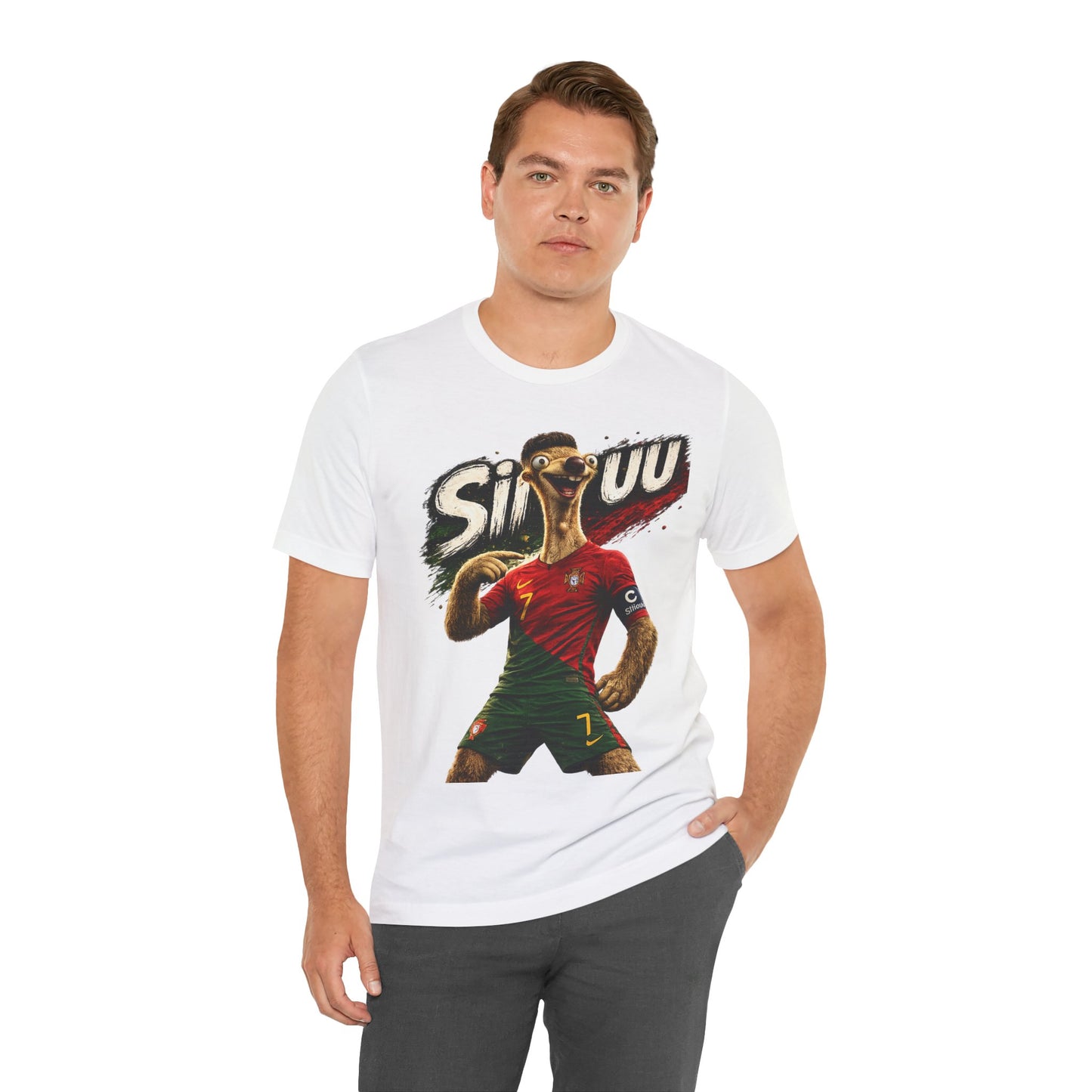 "Siuuu!" Funny Football Parody Sloth #7 Portugal Kit Graphic (Unisex T-Shirt)🦥🇵🇹⚽😂